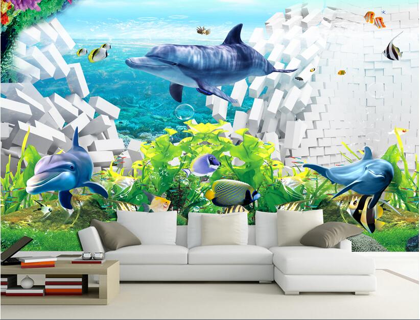 

3d wallpaper custom photo Dreamy underwater world dolphin fish brick wall home decor 3d wall murals wallpaper for walls 3 d living room, Non-woven wallpaper