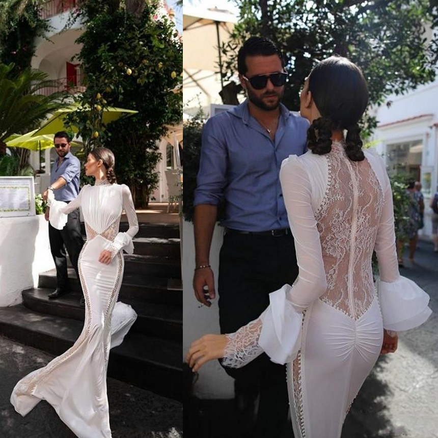 

2020 Sexy Inbal Dror Mermaid Wedding Dresses High Neck Lace Court Train Long Sleeves Illusion Bohemian Wedding Dress Custom Made Bridal Gown, Gold