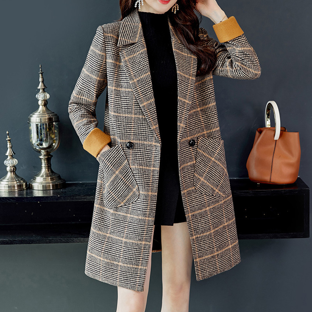 

Women Medium Long Retro Woolen Coat Fashion Plaid Vintage Winter Warm Long Sleeve Button Woolen Jacket Coat chamarras de mujer, Blue
