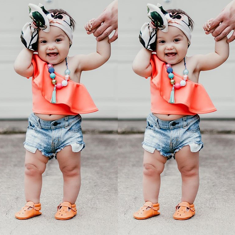 

Hot Toddler Kids Baby Girls T-shirt Vest Tops+Pants Off Shoulder Ruffle Solid Outfits Summer Summer Outfits 1-6Y Clothes Set, Orange