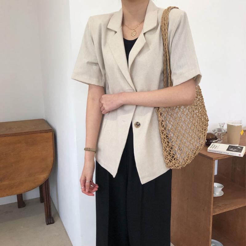 

HziriP Cotton Linen Formal Suit Blazer Loose Elegant Summer Blazers 2020 New Thin Tops Short Sleeve Solid Casual Women Coat, Oatmeal