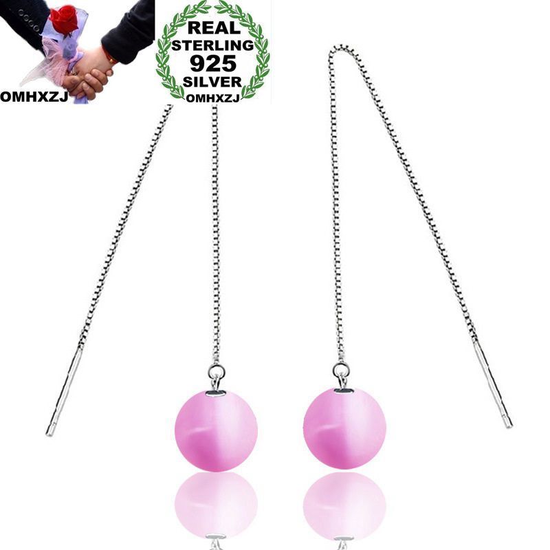

OMHXZJ Wholesale Personality Fashion Woman Girl Party Wedding Pink Opal Ball 925 Sterling Silver Earrings Ear Line YE375