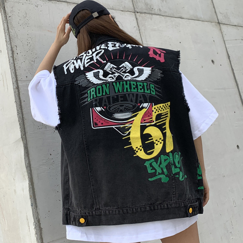 

Hole Print Denim jacket women Coat Streetwear Bomber Denim Coat Women vest womens vest loose sleeveless jacket, Black