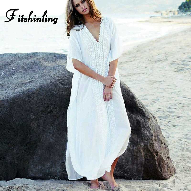 

Fitshinling Lace splice long dress v neck side slit maxi dress beach wear holiday bohemian sexy pareos summer sundresses women, White