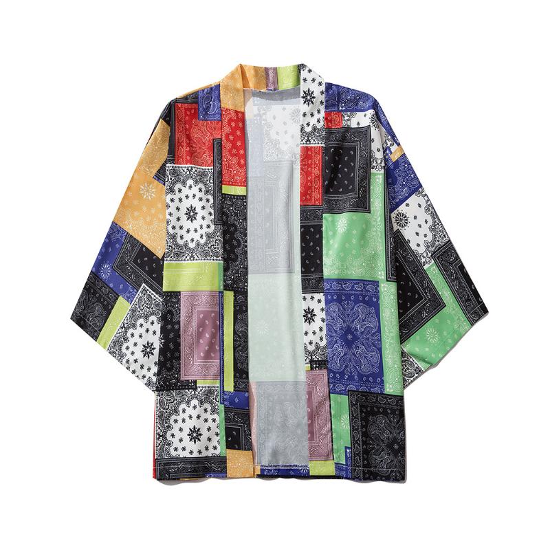 

New Shirts For Men Casual Loose Open Front 3/4 Sleeve Japanese Style Print Cover Up Cardigan Camisas Camisas Para Hombre @35, Black