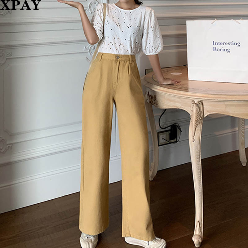 

2020 Spring Fashion Harajuku Loose Straight Pants Vintage High Waist Wide Leg Denim Streetwear High Quality Woman Tooling Jeans, Khaki
