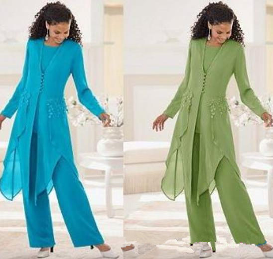 

2019 Cheap Elegant Chiffon With Long Sleeves Jewel Neck Ruffles Plus Size Mother Of the Bride Pant Suits Mother Suits with Jacket