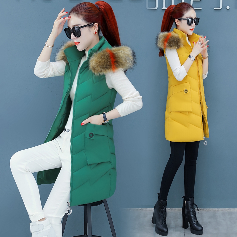 

Autumn and winter new women's long section Slim large size fur collar down cotton vest jacket size XS-XXL, Black
