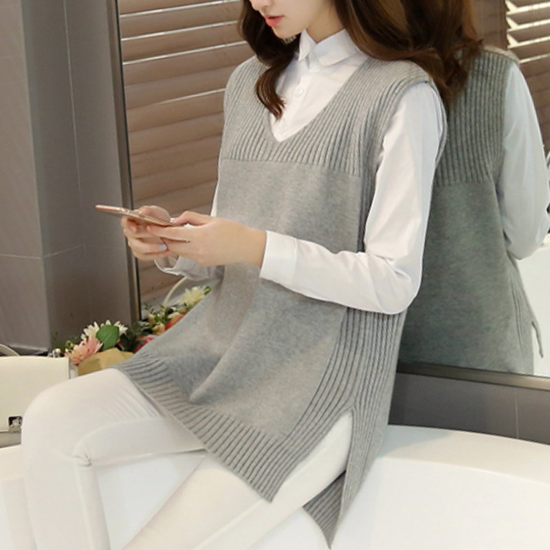 

Waistcoat Women Spring Autumn Kntting Sweater Vest Casual Loose V-neck Mid-length Ladies pullover sweater Clothing Gilet Femme, Khaki flat vest