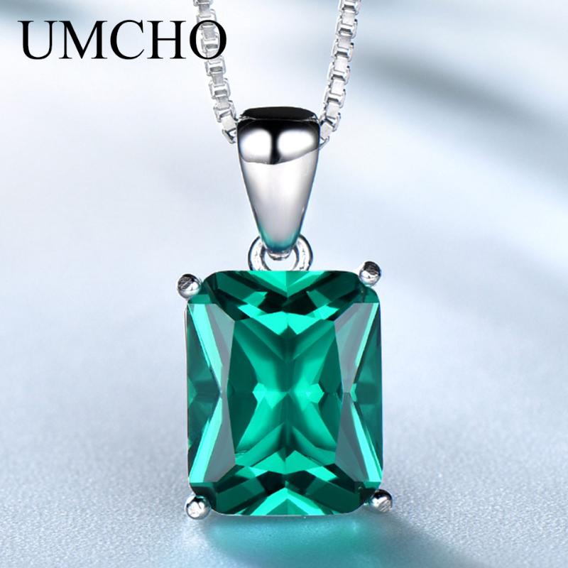 

UMCHO Real 925 Sterling Silver Square Green Emerald Gemstone Pendant Necklace For Women Gift Party Elegant Fine Jewelry