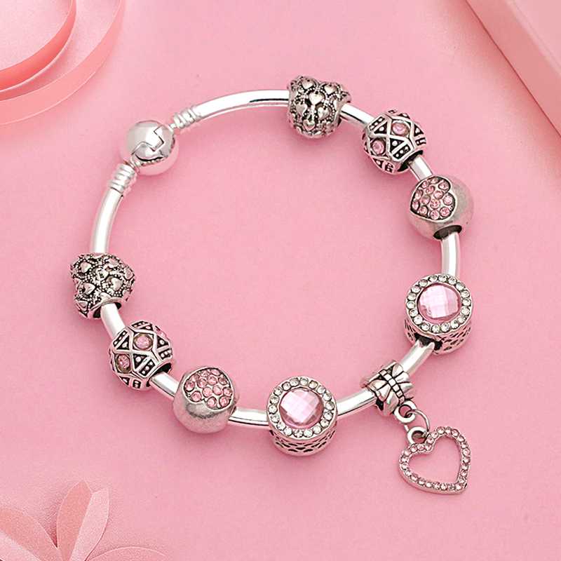 

2018 HOT Heart Crystal Bead Pink Bracelet Silver Color DIY Charms Women Bangle Romantic Couple Bracelet Bangle Jewelry