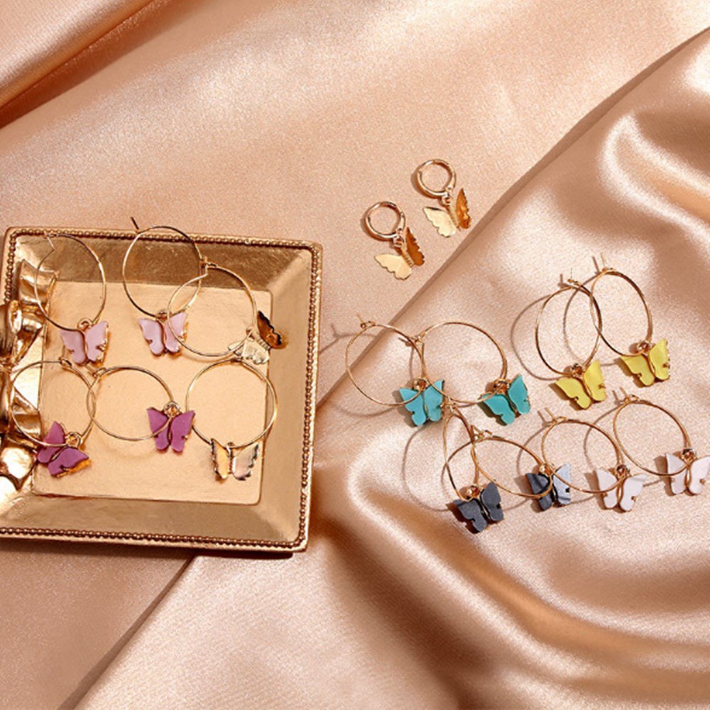 Coréen papillon acrylique Beaucoup de boucles d'oreilles cerceau pour femmes cercle mode or argent couleur couleur mignon pendentif animal boucle