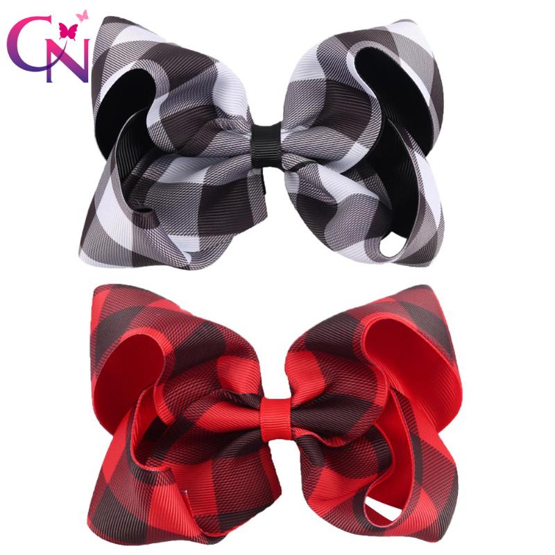 

8 Pieces/lot 5" Plaid Hair Bows With Clips For Kids Girls Handmade Printed Ribbon Bows Hairgrips Hair Accessories, Black