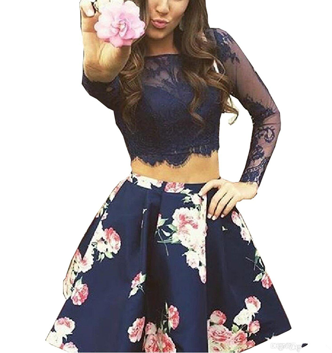 

Bonnie Lace Bodice Homecoming Dresses Short Two Piece Floral Print Prom Party Dress Long Sleeves, Purple