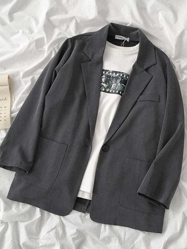 

Spring Autumn Chic Loose Blazers Women Temperament Solid Color Notched Single Button Thin Blazer Female Korean Harajuku Tops, Black