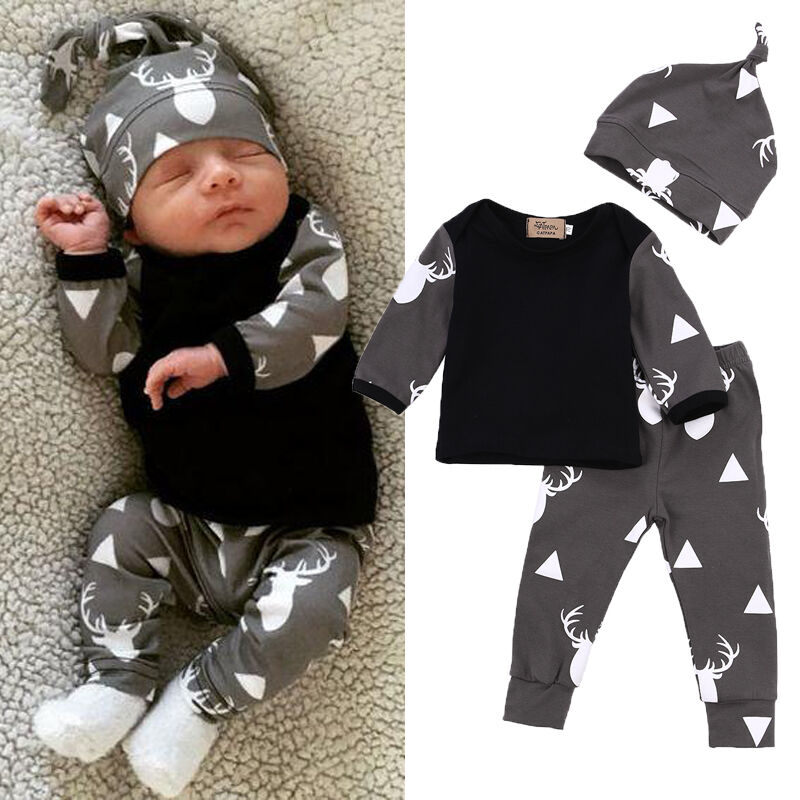 

Baby Boys Girls Clothing Set Cotton Newborn Baby Clothes Long Sleeve Christmas Deer Print T-shirts+Pants+hat Infant Outfits, As pic