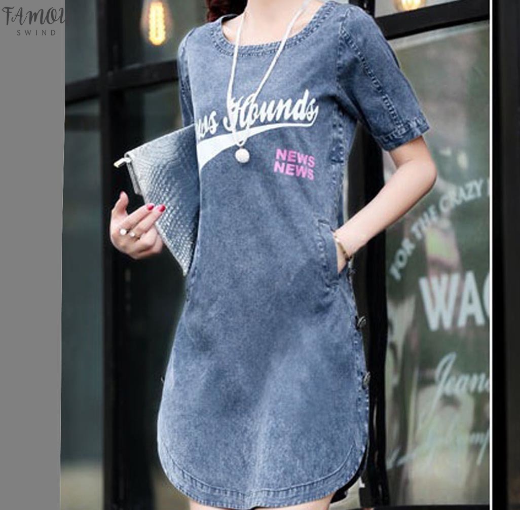 

Short Sleeve Pocket Girls Denim Dress Summer Dresses Plus Size Loose Women Vaqueros Jeans, Blue