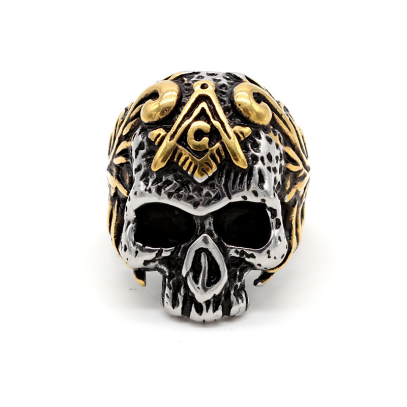 

Men And Women 2019 New Hot Vintage Biker Men Iced Out Ring Gold Skull Mason Freemasonry Masonic Male Hiphop Brand Ring Skull Punk Jewelry