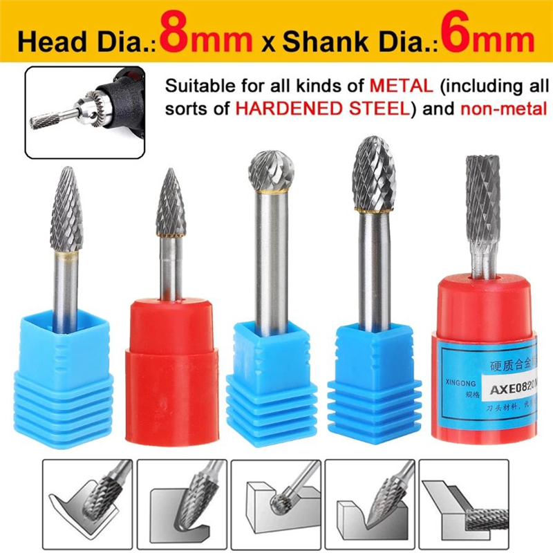 

New 6mm Shank Tungsten Carbide Rotary Point Burr Double Cut Solid Groove 8mm Diameter Grinder Grinding Head File Dremel Tool