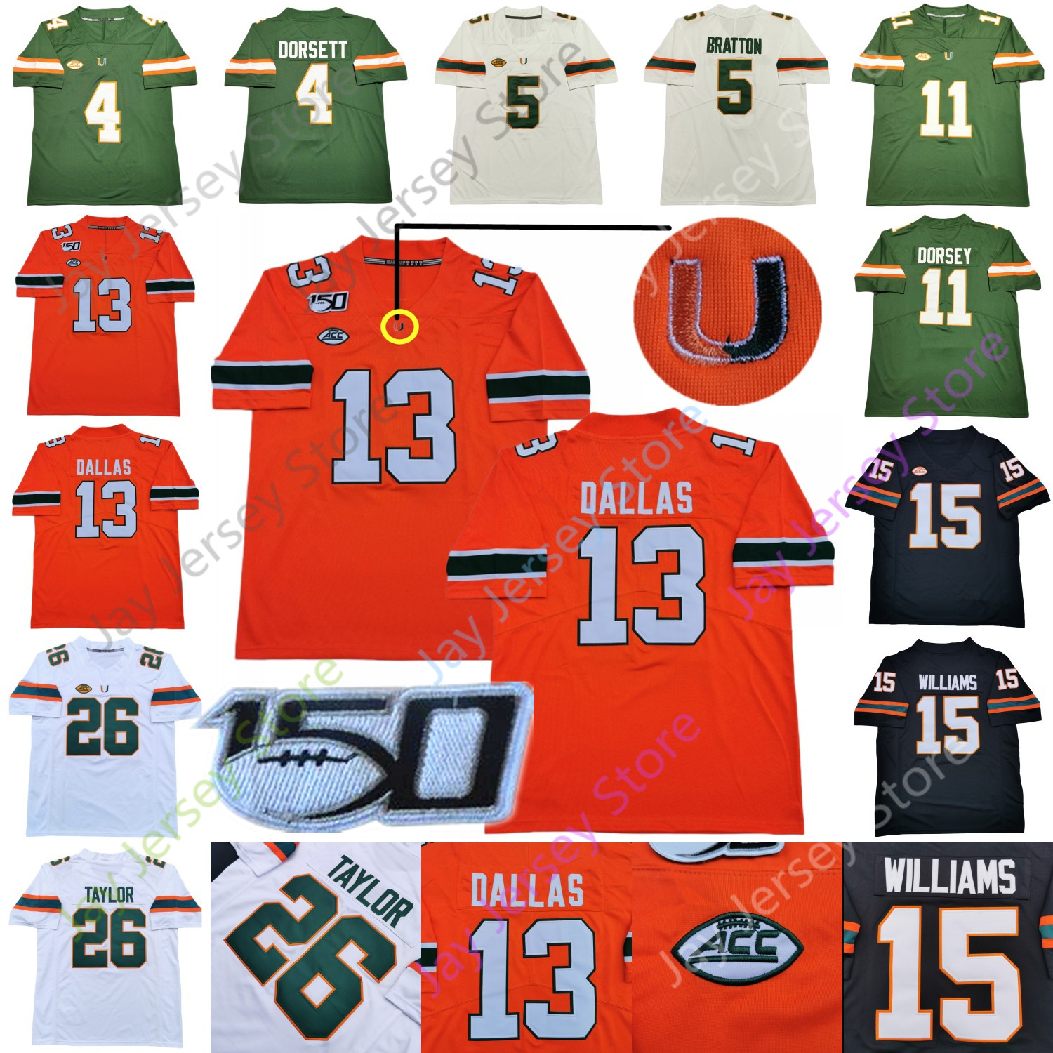

2021 Custom NCAA Miami Football Jerseys College Jarren Williams DeeJay Dalla(s) Sean Taylor Jeff Thomas Cam'Ron Harris Gregory Rousseau, With 150th patch