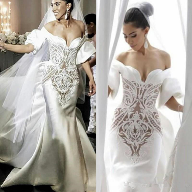 

2020 Satin Mermaid Wedding Dresses With Long Train Off The Shoulder Half Long Sleeves Modest Bridal Gowns Custom Made Boho Wedding Dress, Gold