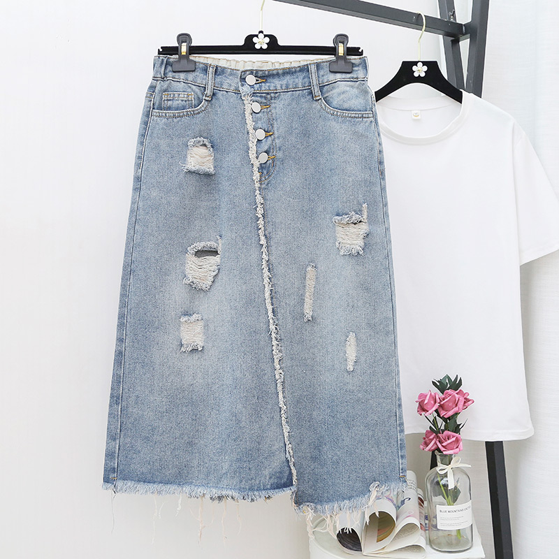 

Large Size Casual High Waist Split Women Jean Skirt Streetwear Female A-line Skirt 2020 Summer Ripped Hole Denim, Light blue