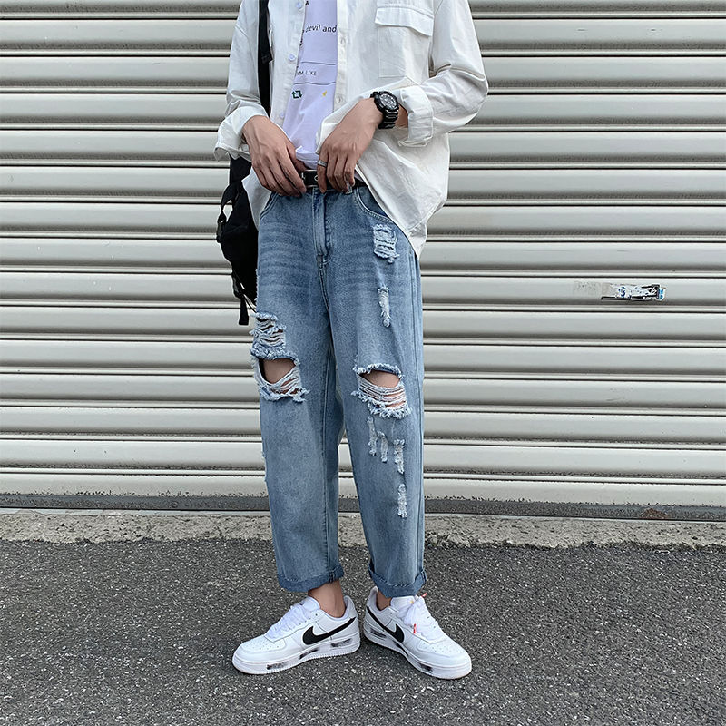 

Summer Ripped Jeans Men' Fashion Retro Casual Straight Jeans Men Streetwear Wild Loose Hip-hop Hole Denim Trousers Mens -3XL, Blue