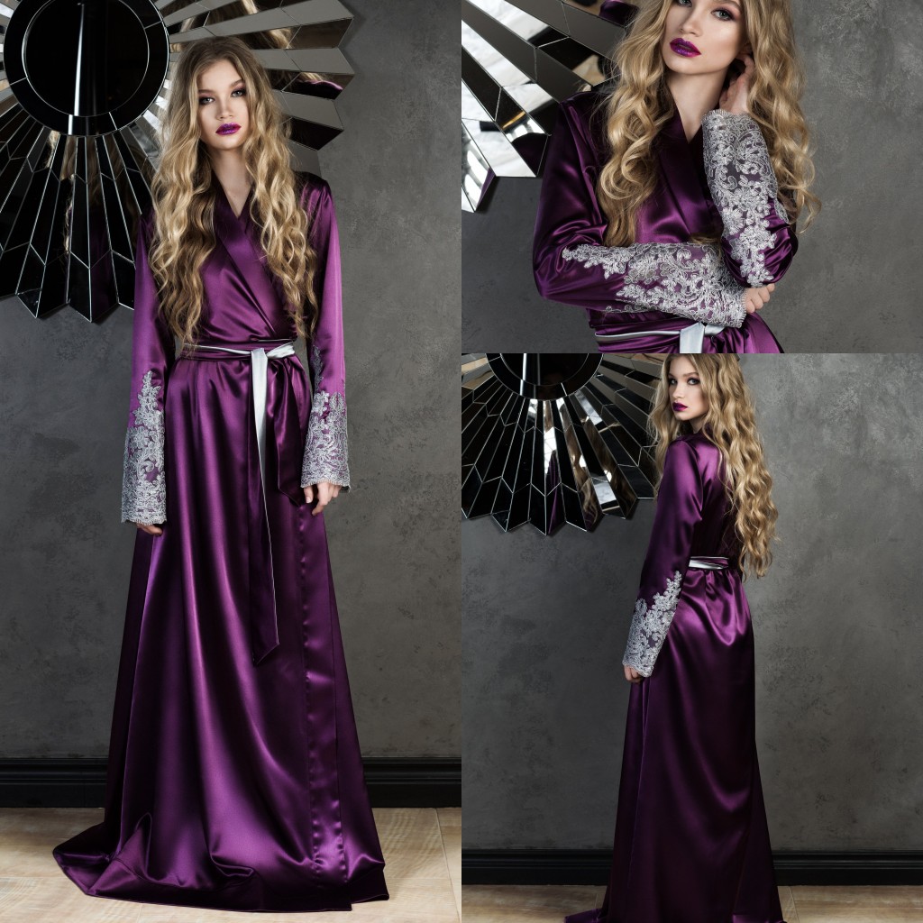

A Line Women Bath Robes V Neck Long Sleeve Appliques Satin Bridal Robe Floor Length Bath Robe