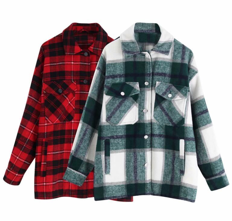 

Luxury Designer Women Coats Vintage Stylish Pockets Oversized Plaid Jacket Coat Women 2020 Lapel Collar Long Sleeve Loose Outerwear, Green
