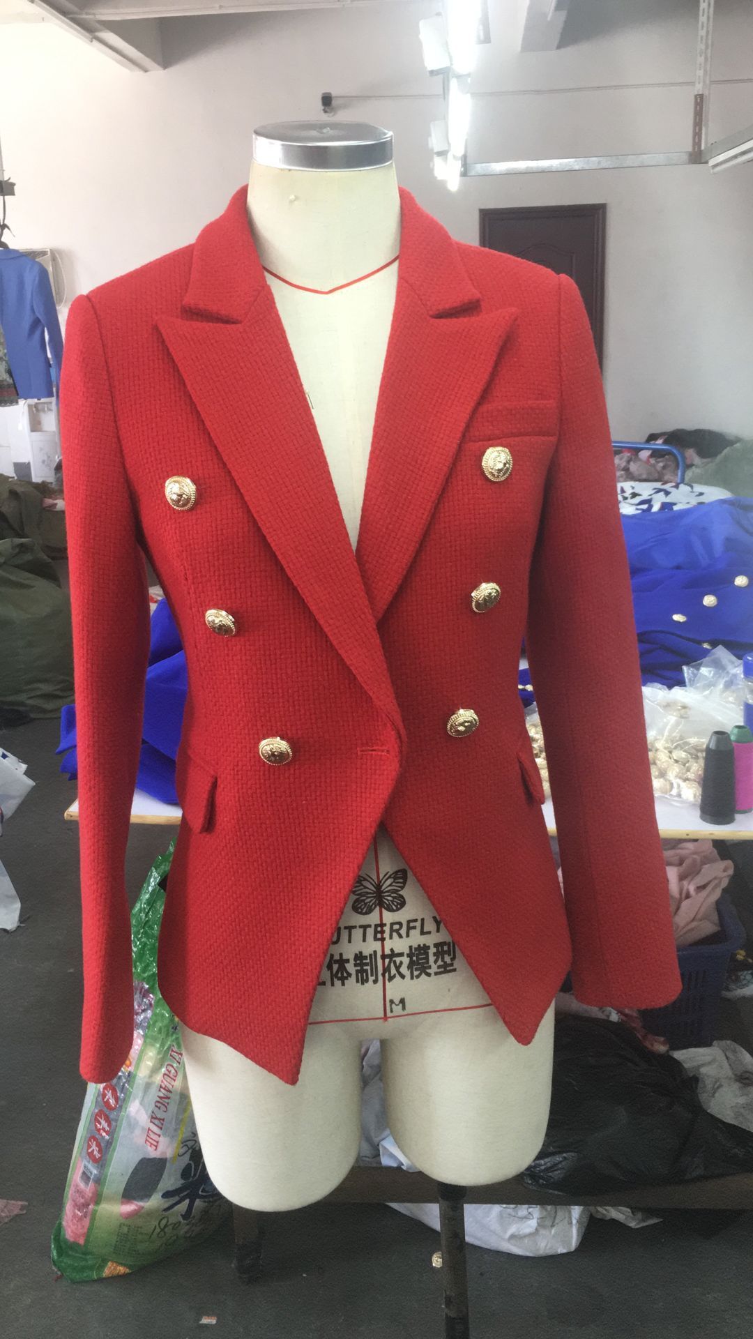 

New Style Premium Blazer Top Quality Original Design Women's Double-Breasted Metal Buckle Blazer Red Tweed Jacket Coat