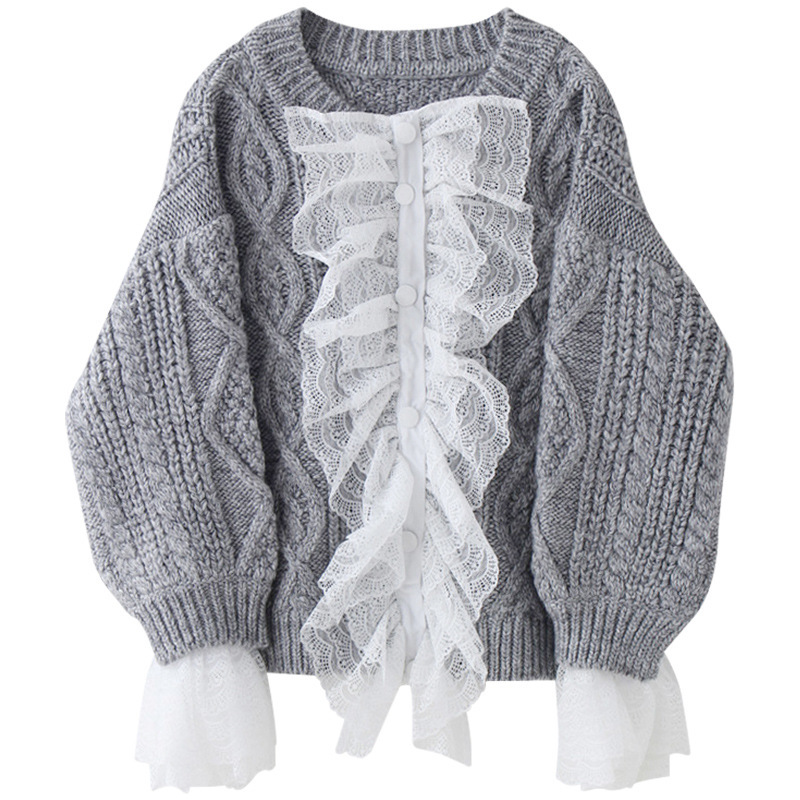 

Spring and Autumn Pullovers Sweaters 2020 New Solid Color Wild Ladies Sweaters Lace Splicing Fashion Tops Female V579, Black