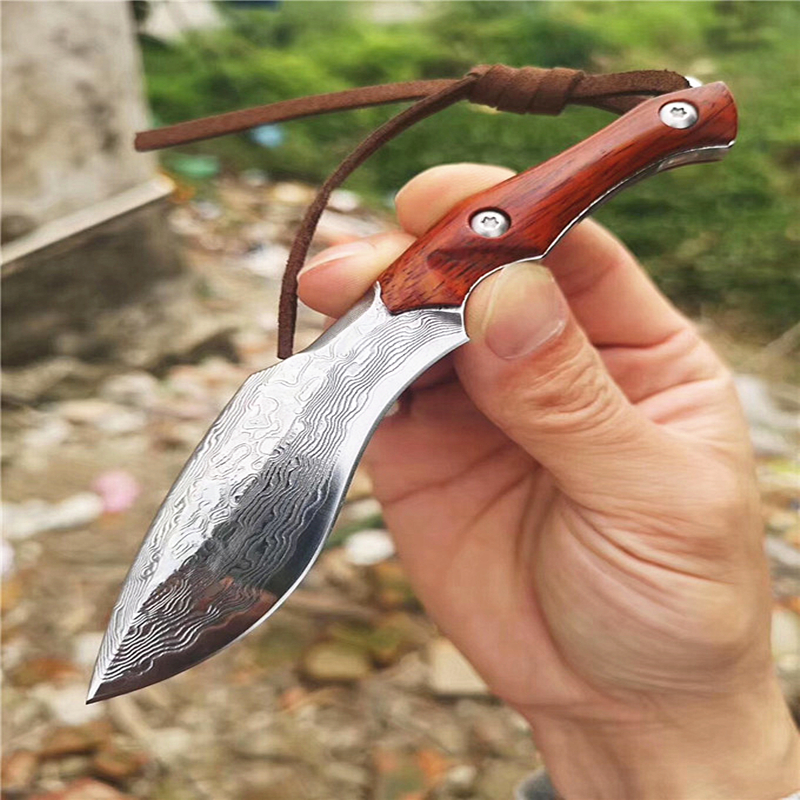 

damascus fixed blade knife vg10-damascus steel blades full tang rosewood handle with wood sheath
