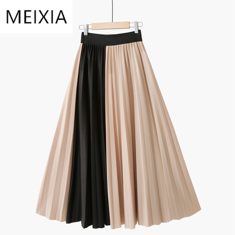 

MEIXIA Autumn Winter Women Casual Patchwork Empire Skirt Elastic Waist Pleated Skirts A-Line Mid-Calf Fashion Office Lady Skirt, Blue