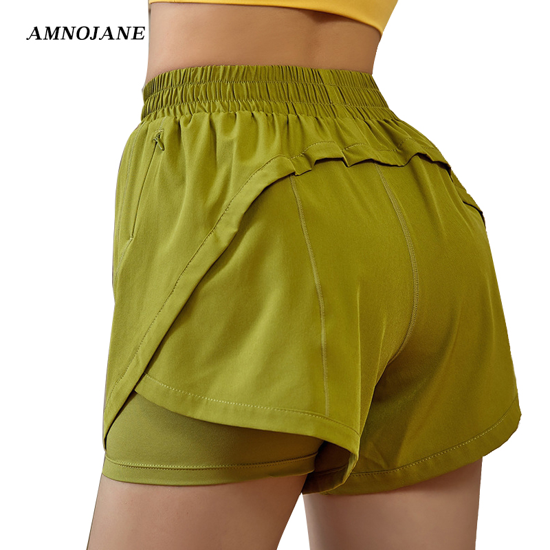 

Zipper Running Shorts Women 2 in 1 Gym Leggings Sport Running Shorts Biker Tights Fitness Clothing Seamless Workout Yoga Short, Black