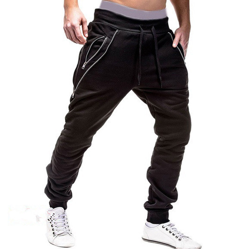 

New Men's Solid Color Casual Pants Mid-Waist Casual Streetwear Men's Pants with Zippers and Pockets 3XL, Black