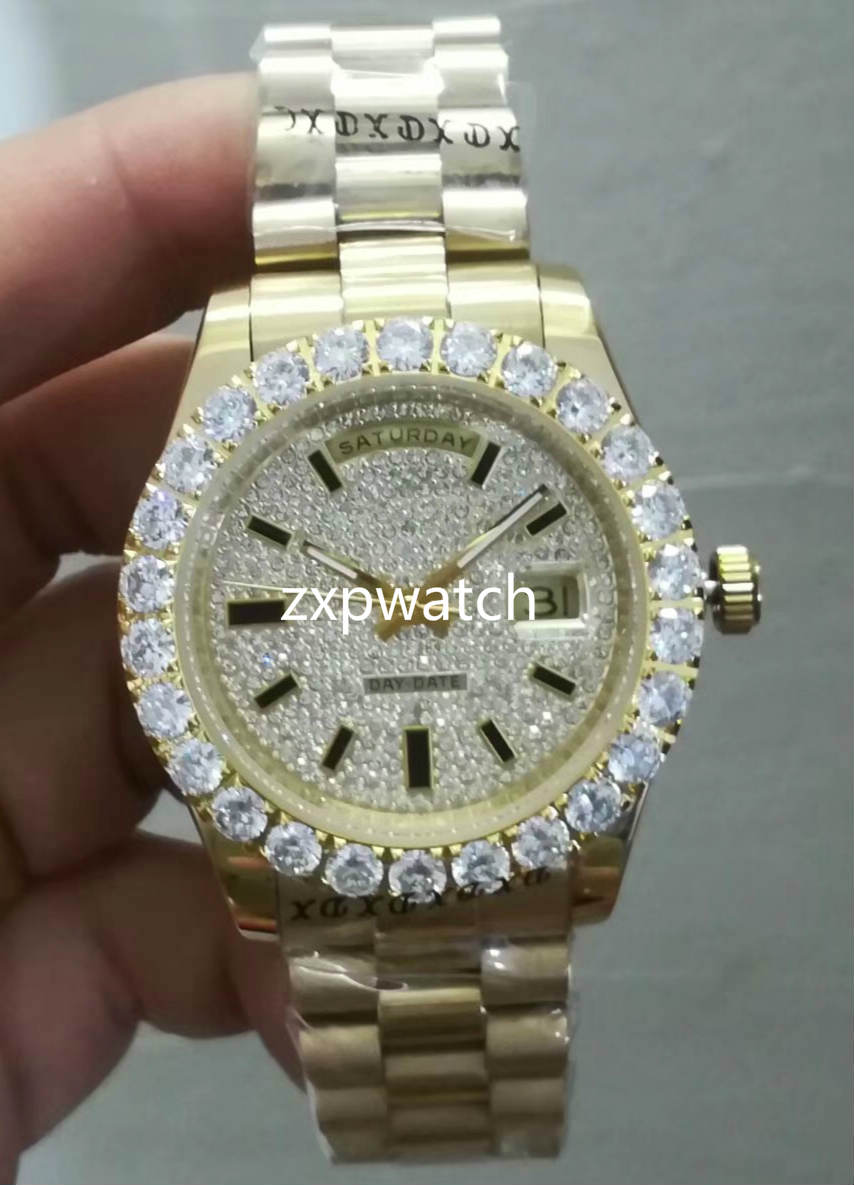 

Prong set diamond men's wristwatch gold stainless steel diamond dial fashion watches automatic mechanical big diamond watch 43MM, Gold face