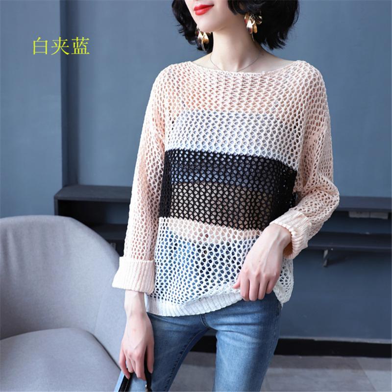 

Women Thin Pullovers Sweaters Spring Summer Casual Solid Hollow Out Thin Loose Tops Knitted Sweaters, As pic