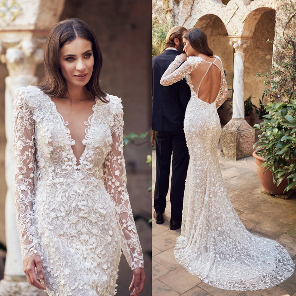 

2020 Long Sleeve Mermaid Wedding Dresses Backless Lace Applique Beaded Tulle Boho Bridal Wedding Gowns V Neck Sexy Robe De Mariee, Custom made from color chart