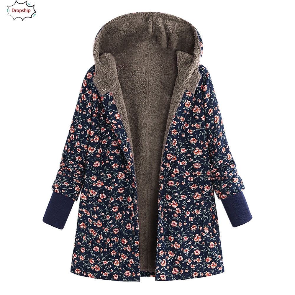 

2019 HOT Women Winter Hooded Long Sleeve Vintage Print Fleece Thicken Hasp Coats Outwear Autumn Winner Women's clothing 18Oct22