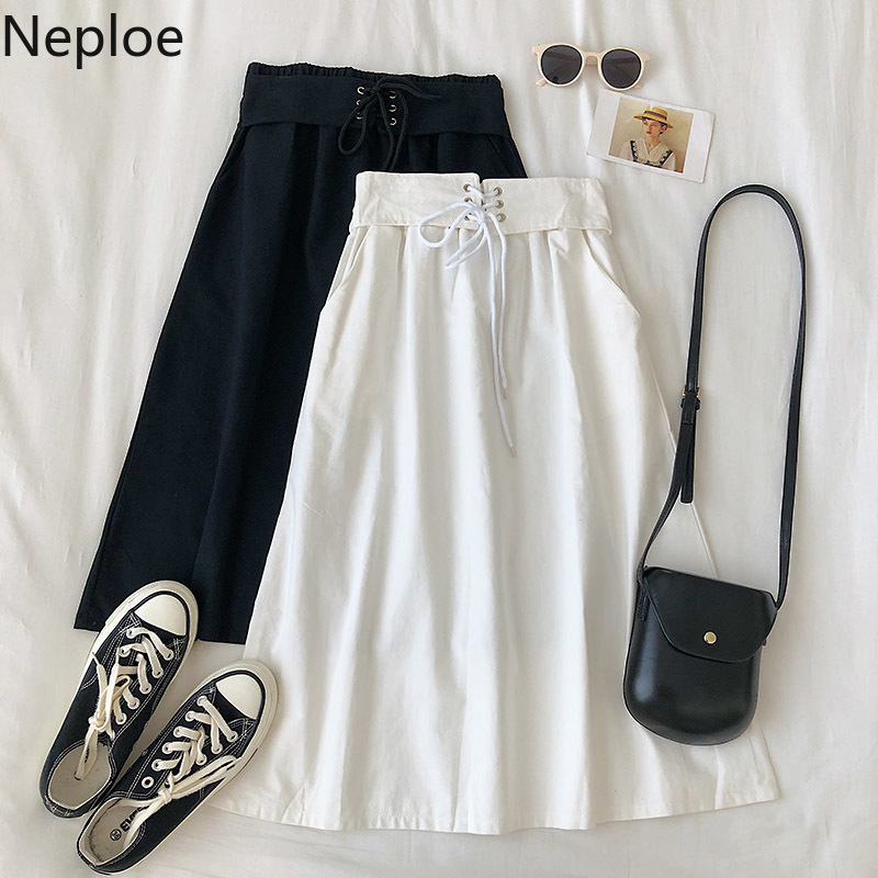 

Neploe Stretch Cross Bandage Waist Women Bottoms 2020 Spring Korean Solid Skirt Leisure High Waist Medium-long Skirts 58406, Black
