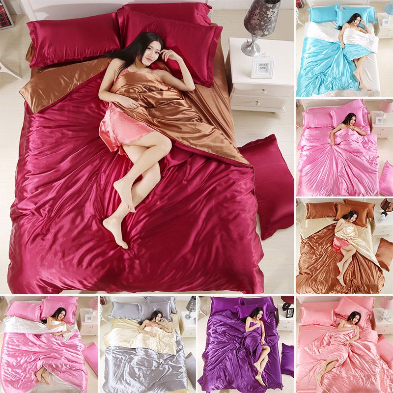 

Silk Bedding Set Pure Color Satin Bed Sheet Duvet Cover Pillow Case Modern Comfortable Reactive Printing Bedding Set 3/4 Pcs, Purple