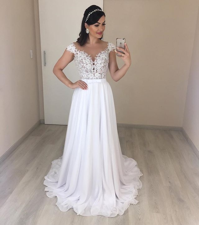 

Cap Sleeve Elegant Bridal Gowns Chiffon Wedding Dresses Scoop A-Line Lace Top Backless Boho Wedding Wear, White