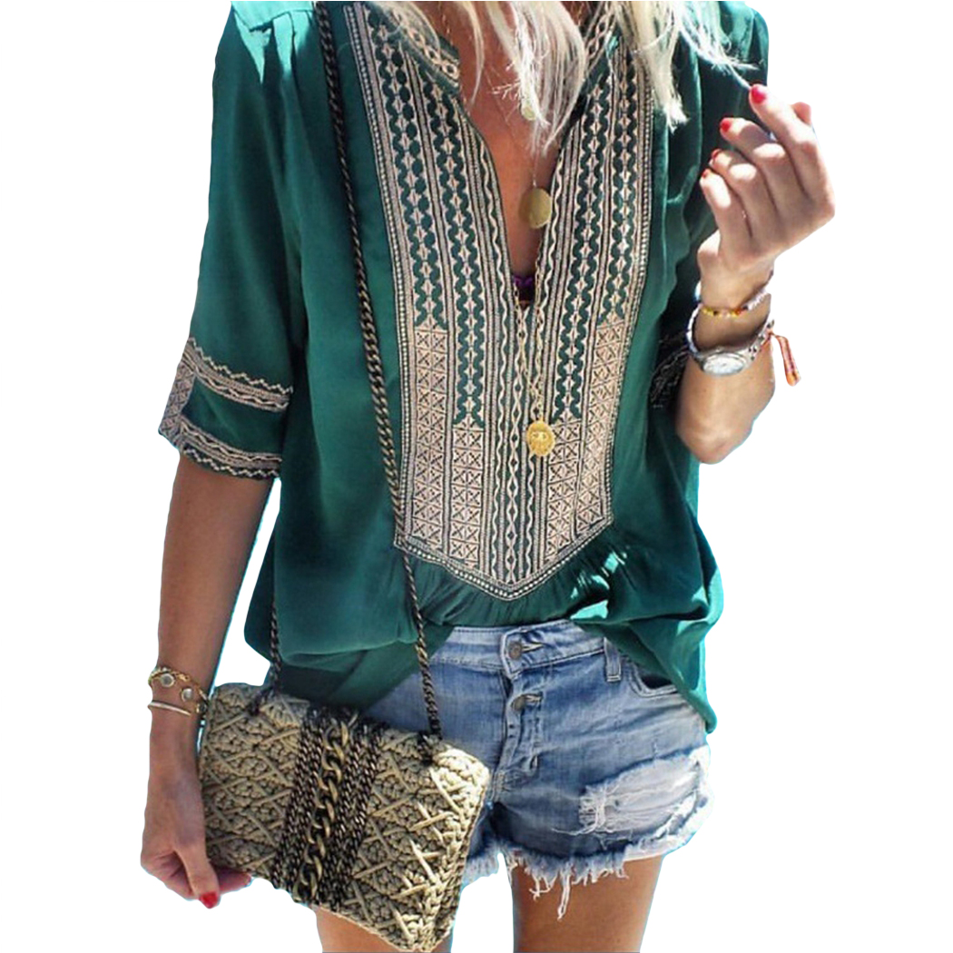 

Pus Size Tops Summer Patchwork Women Blouse Lace Shirt Tunic Female Cotton Loose Thin Blouses Boho Printed Half Sleeve Blusas, Sea green