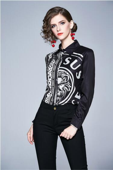 

Europe's temperament print top fashion wild lapel shirt, Black