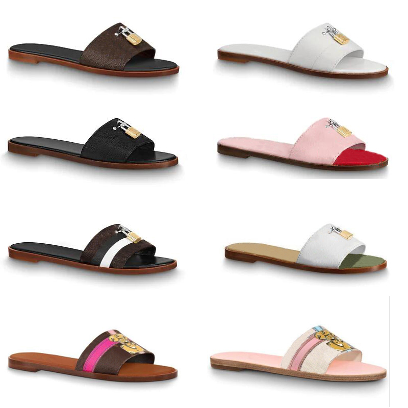 

Women Designer slides slippers lock it flat mule luxury Slippers 1A5806 Flat Flip Flops Beach causal slipper TOP quality Large size US 4-11, Dust bag + box