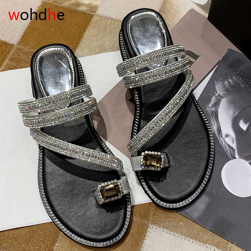 

wohdhe bling narrow band clip toe women slippers Medium heels summer sandals crystals women slides beach shoes silver 2020 new, Black
