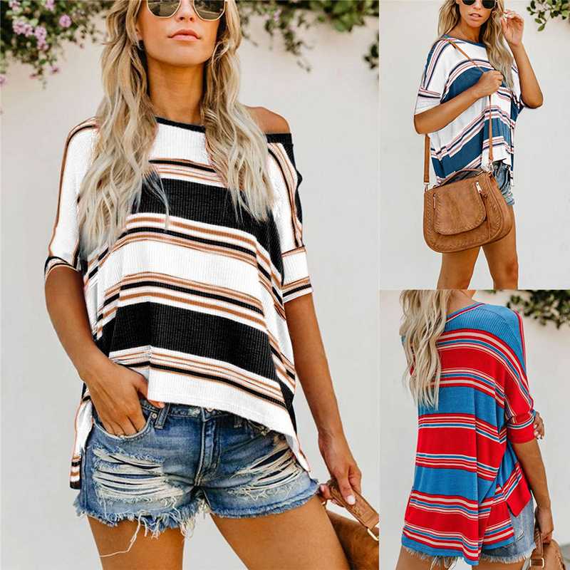 

Black Red Color Striped Print Loose T-Shirt 2020 Fashion Summer O Neck Short Sleeve Casual Street Hipster Loose T Shirt Tops