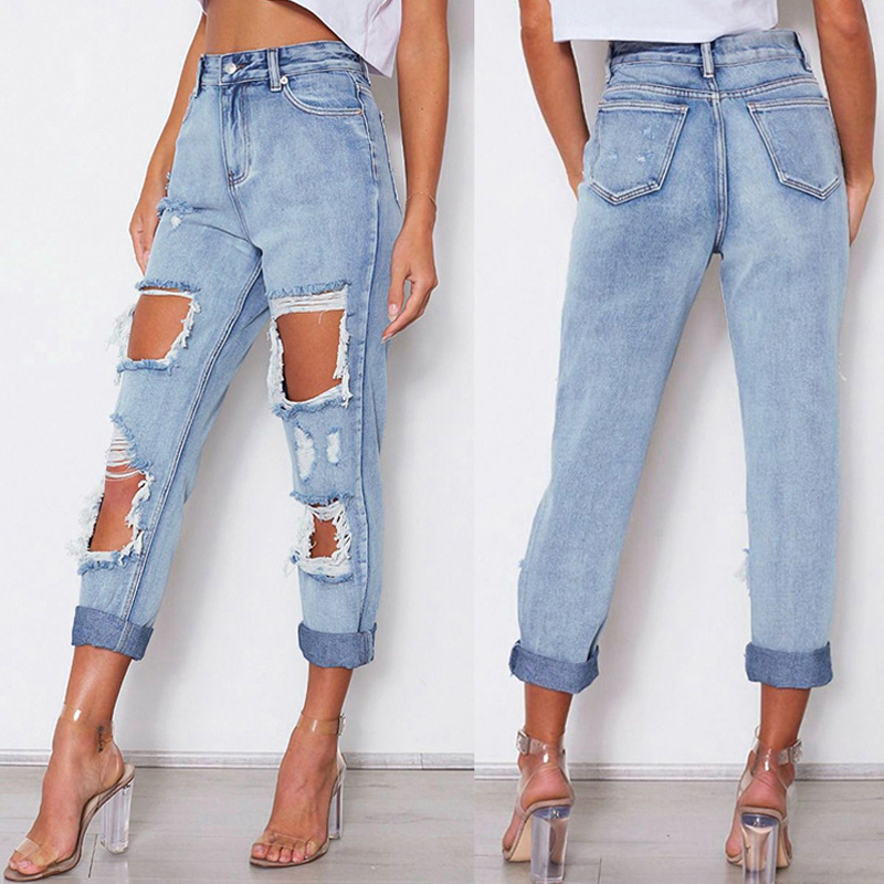 

Sexy Ripped Jeans Women Big Holes Destroyed Broken Torn Pants Vintage Female Denim Trousers Distressed Designer Boyfriend, Blue