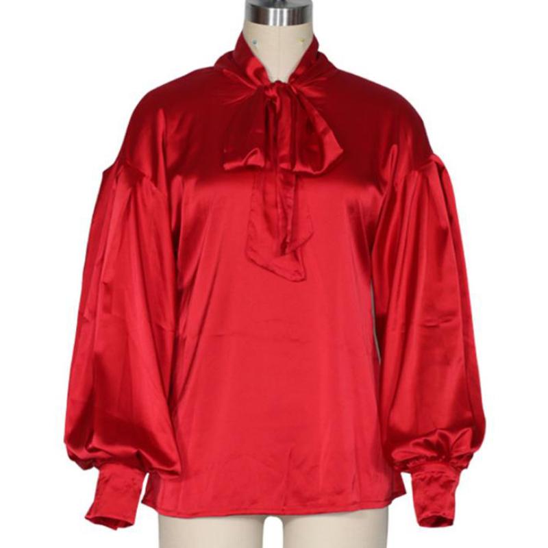

2020 Elegant Women Satin Blouses Formal Office Lady Bow Tie Lantern Sleeve Shirts Vintage Casual Party Tunic Summer Blouses Tops, Red tops