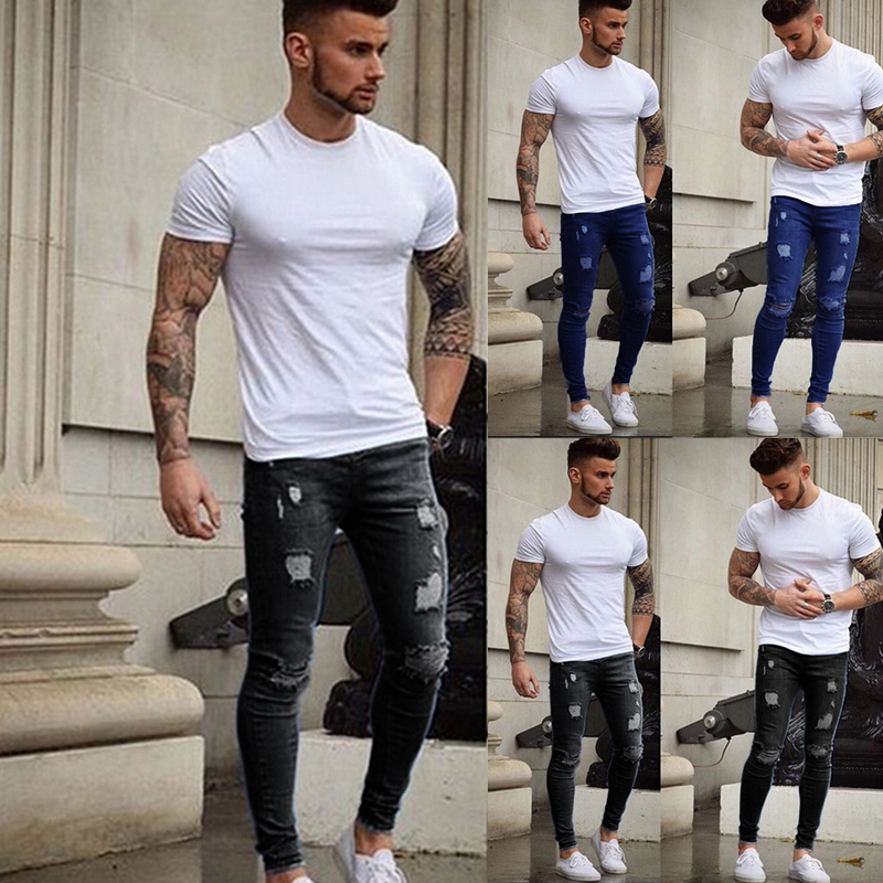 

Newest Arrivals Fashion Hot Men's Long Straight Leg Slim Fit Casual Hole Strech Denim Pants Skinny Jeans Clubwear, Blue